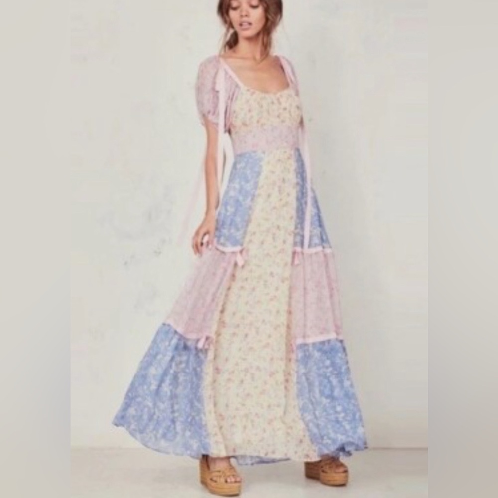 Yvonne & Love rose jaune bleu fleurs manches bouffantes maxi boho (taille M) - Picture 3 of 17